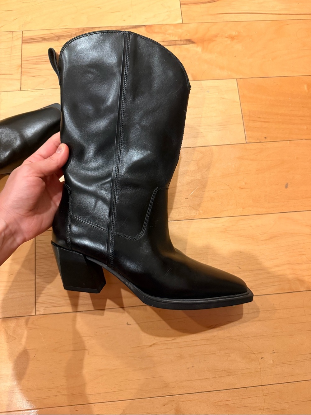 Women's Black Genuine Leather Mid-Calf Western Heel Boots - Picture 3 of 9